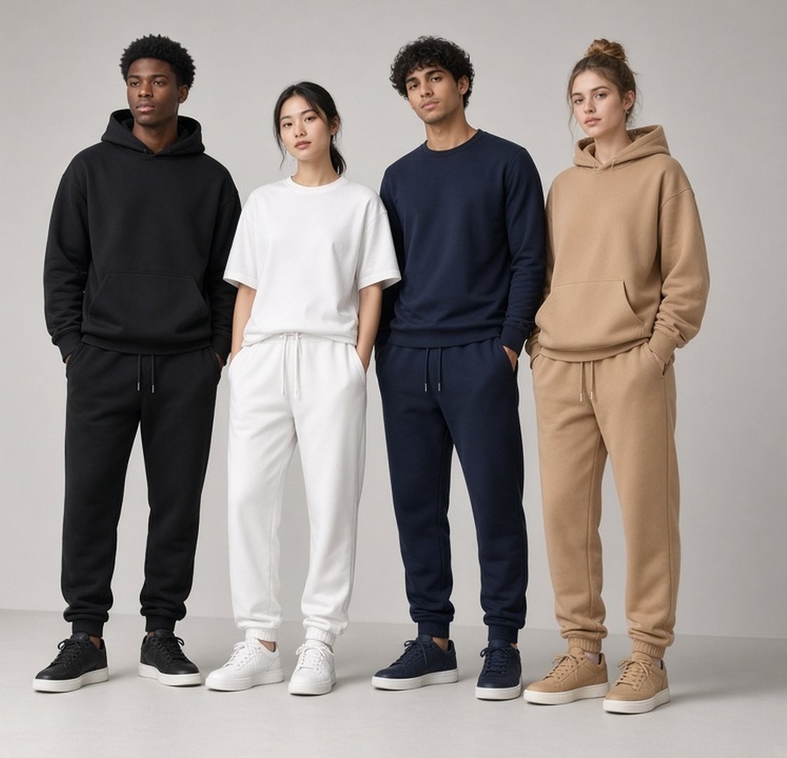 Four models wearing matching hoodie, tee and jogger sets in black, white, navy and tan