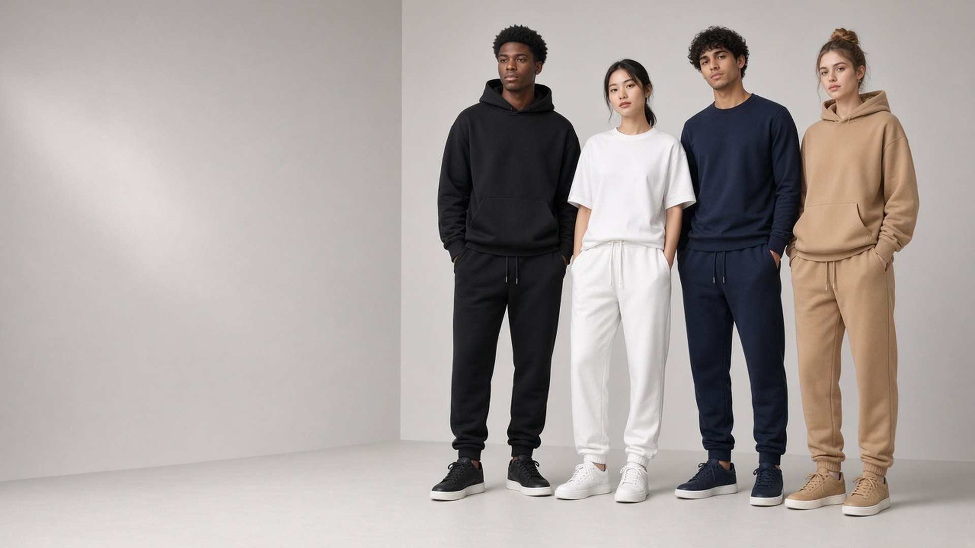 Matching sets in black, white, navy and tan